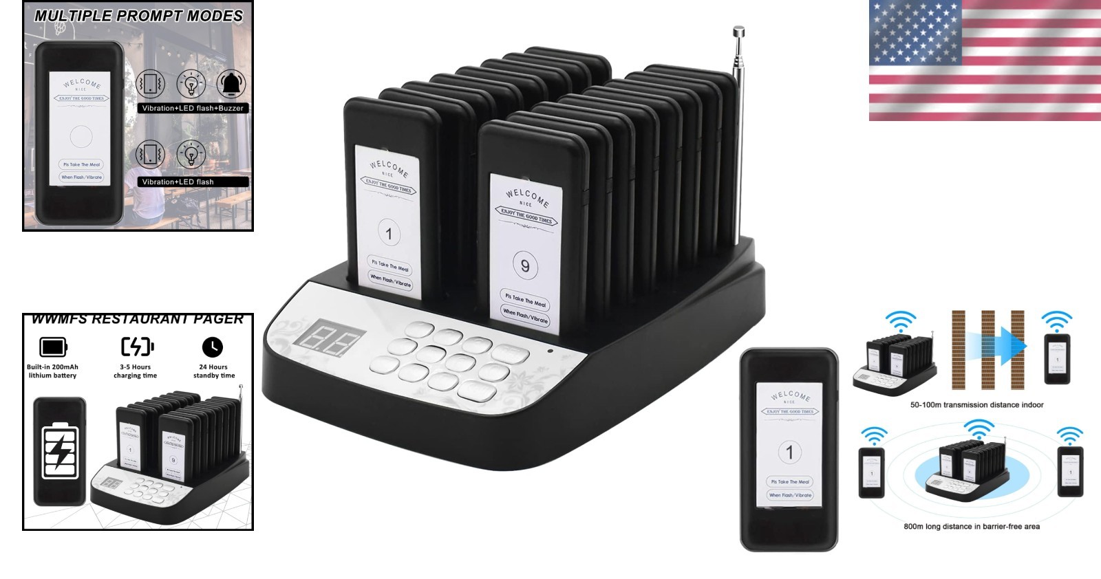 16-Unit Wireless Restaurant Pager System with Vibration and Flash Alert Modes