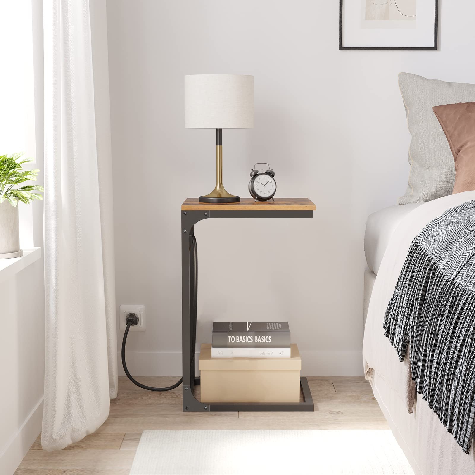 C Shaped End Table with Charging Station, Side Table for Sofa, Couch Table wi...