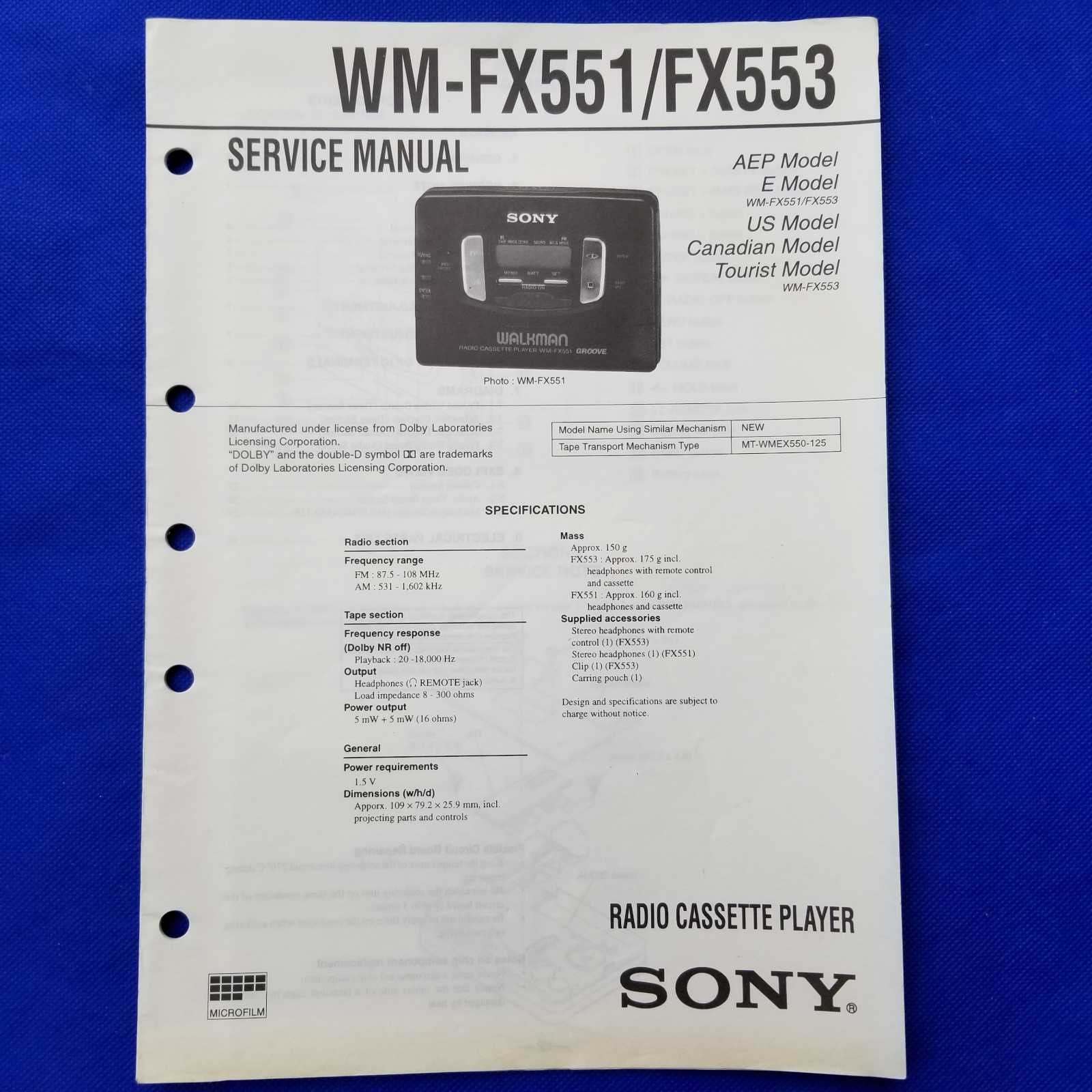 SONY WM-FX551 WM-FX553 Service Manual Original Paper OEM Repair Guide - USA