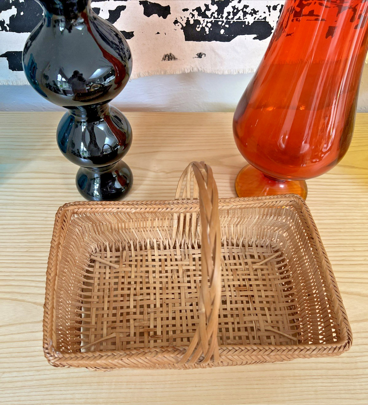 Basket w/ Handle 10" Rustic Farmhouse Tight Weave Rattan Bamboo Boho Decor