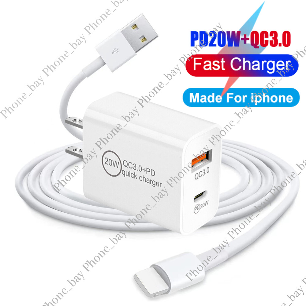 Fast Charger QC PD 20W Power Adapter Cube USB Cable For iPhone 14 13 12 11 Pro