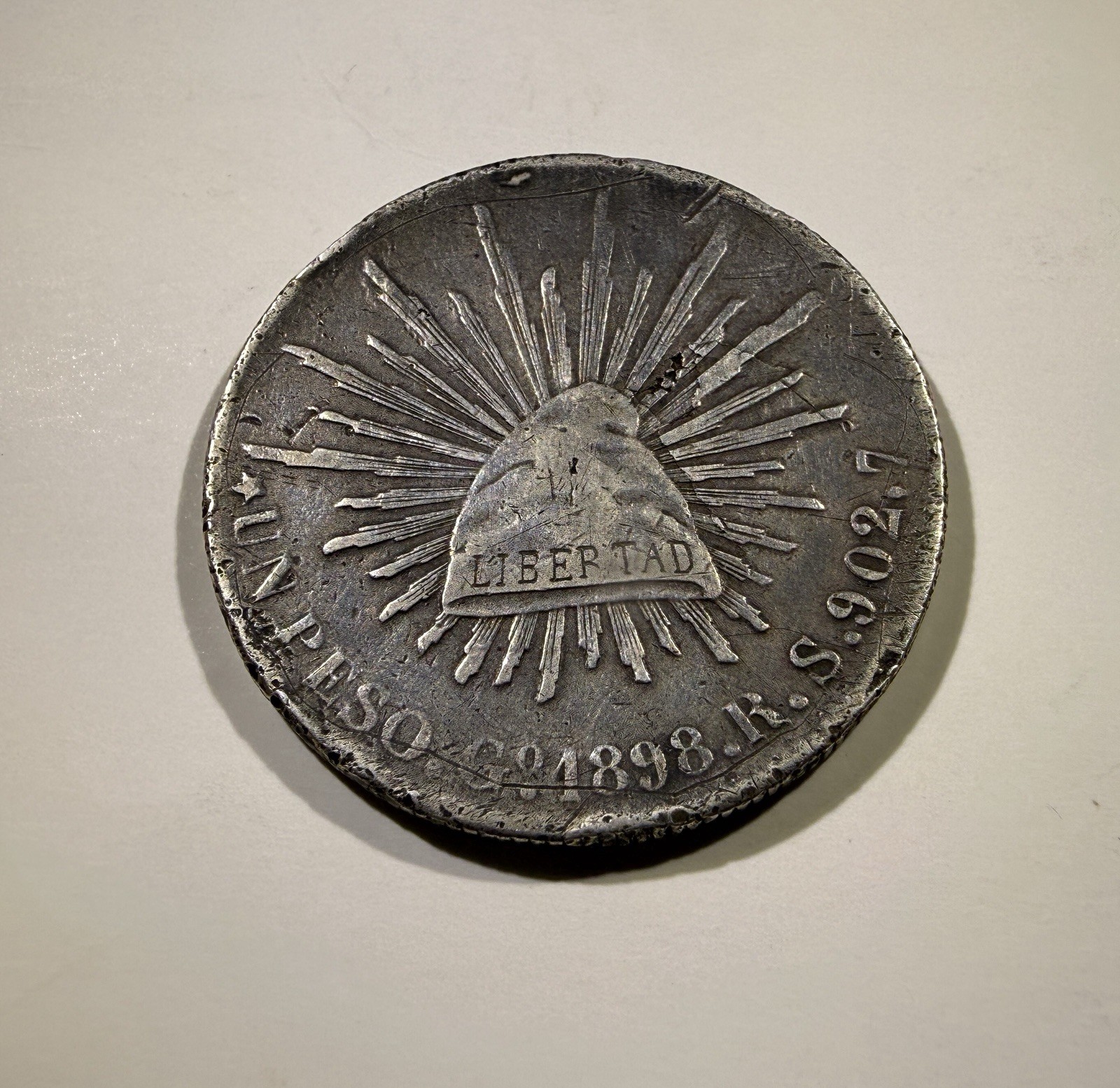 1898-RS Mexico Un Peso .903 Silver Coin Guanajuato Mint