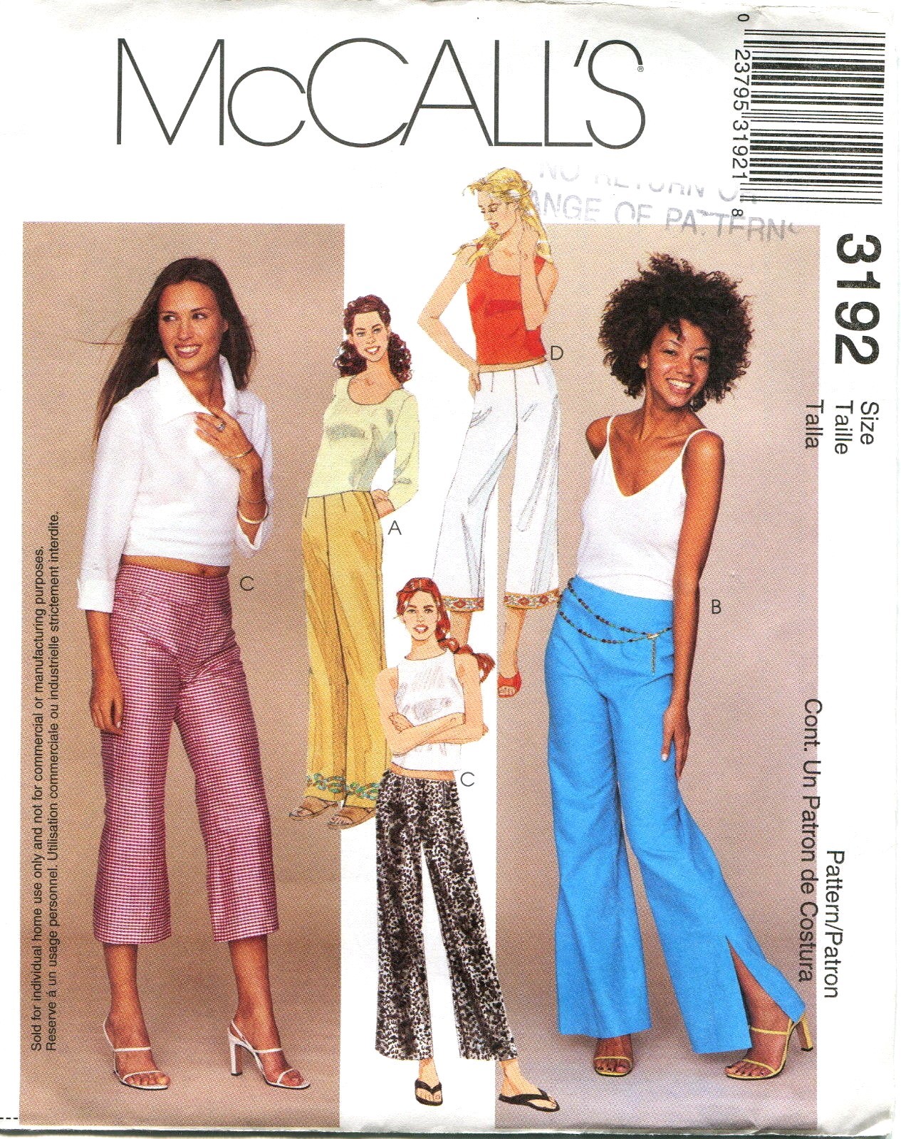 McCalls 3192 Pants Misses Low Rise Flared Sewing Pattern Uncut