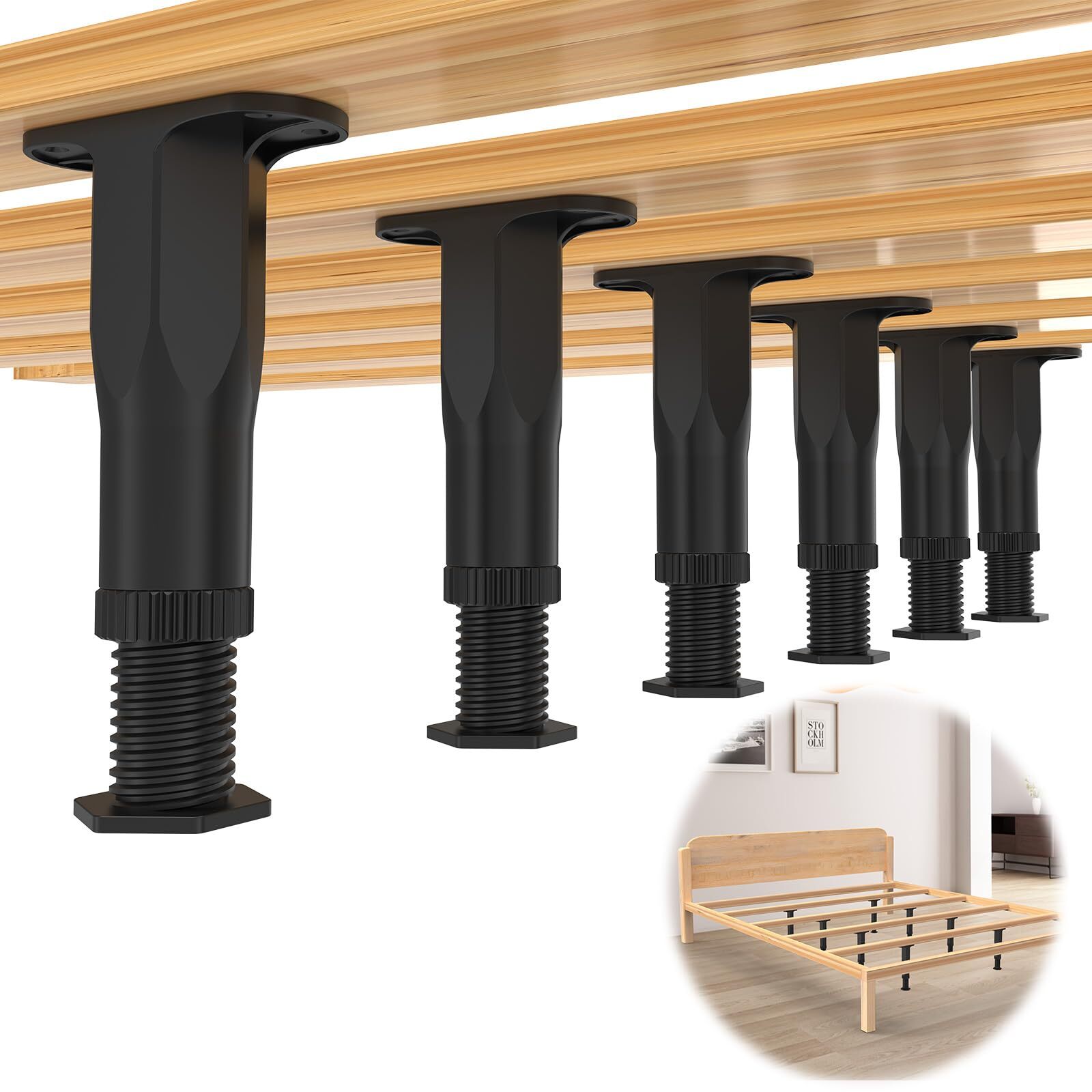 6 PCS Adjustable Height Bed Support Legs (5.1"-8.3") Bed Frame Legs for King Que