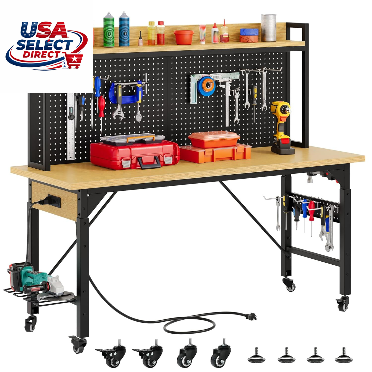 60" Adjustable Workbench with Pegboard, Heavy Duty Wood Top, 1600 LBS