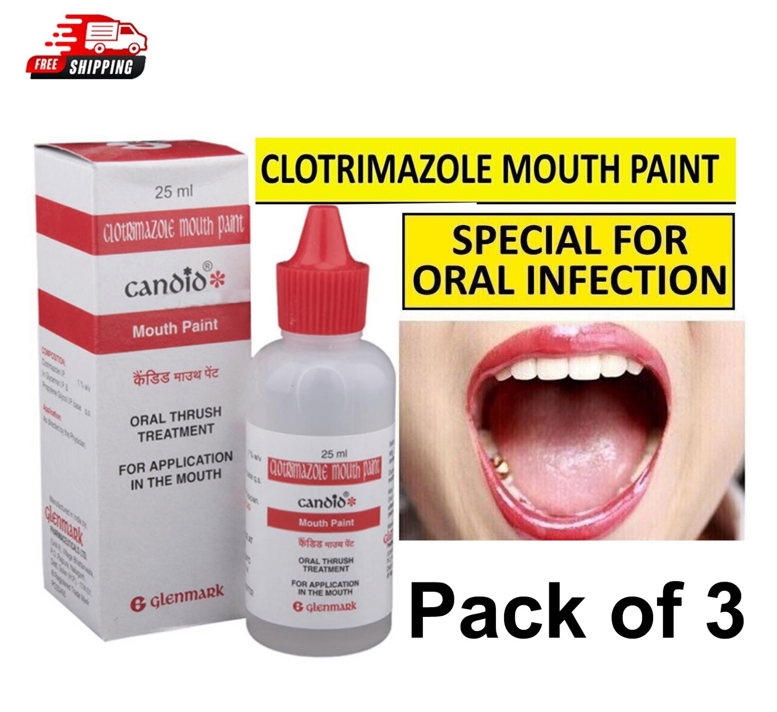 Candid Mouth Paint, Oral Thrush Treatment - 25 ml (Pack of 3) Free Shipping
