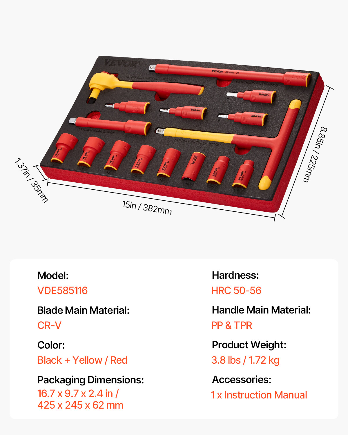 Insulated Socket Set 16-Piece Insulated Socket Tool with T-Handle Wrench 1000V
