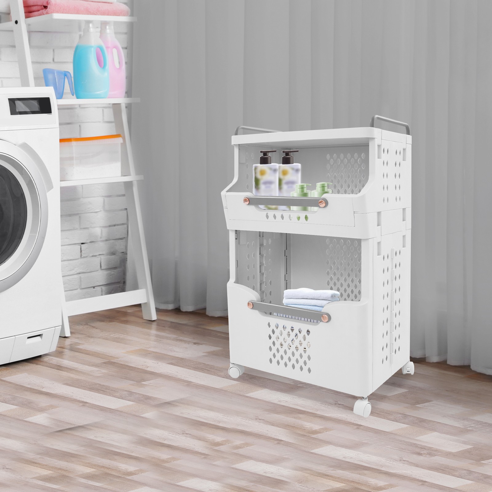 Laundry Basket with Wheels, Rolling Dirty Clothes Basket for Bathroom Bedroom
