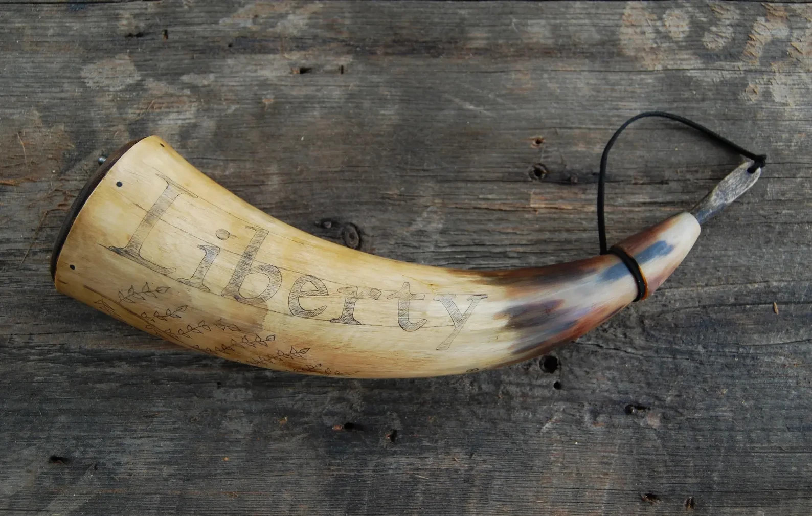 Traditionally Carved Long Live Liberty Powder Horn