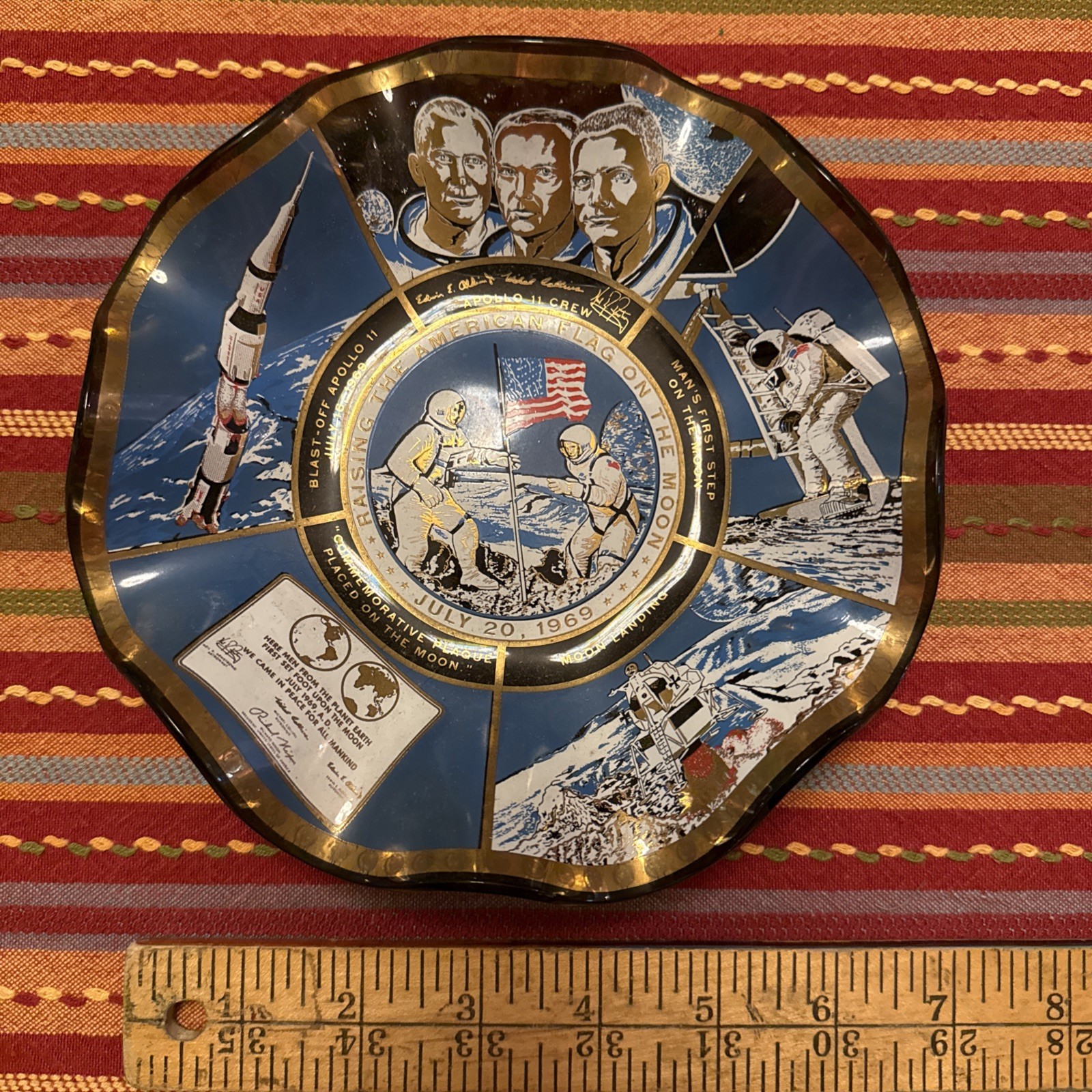 1st Lunar Landing Commemorative Ruffled Glass Dish Red White Blue 1969 NASA Moon