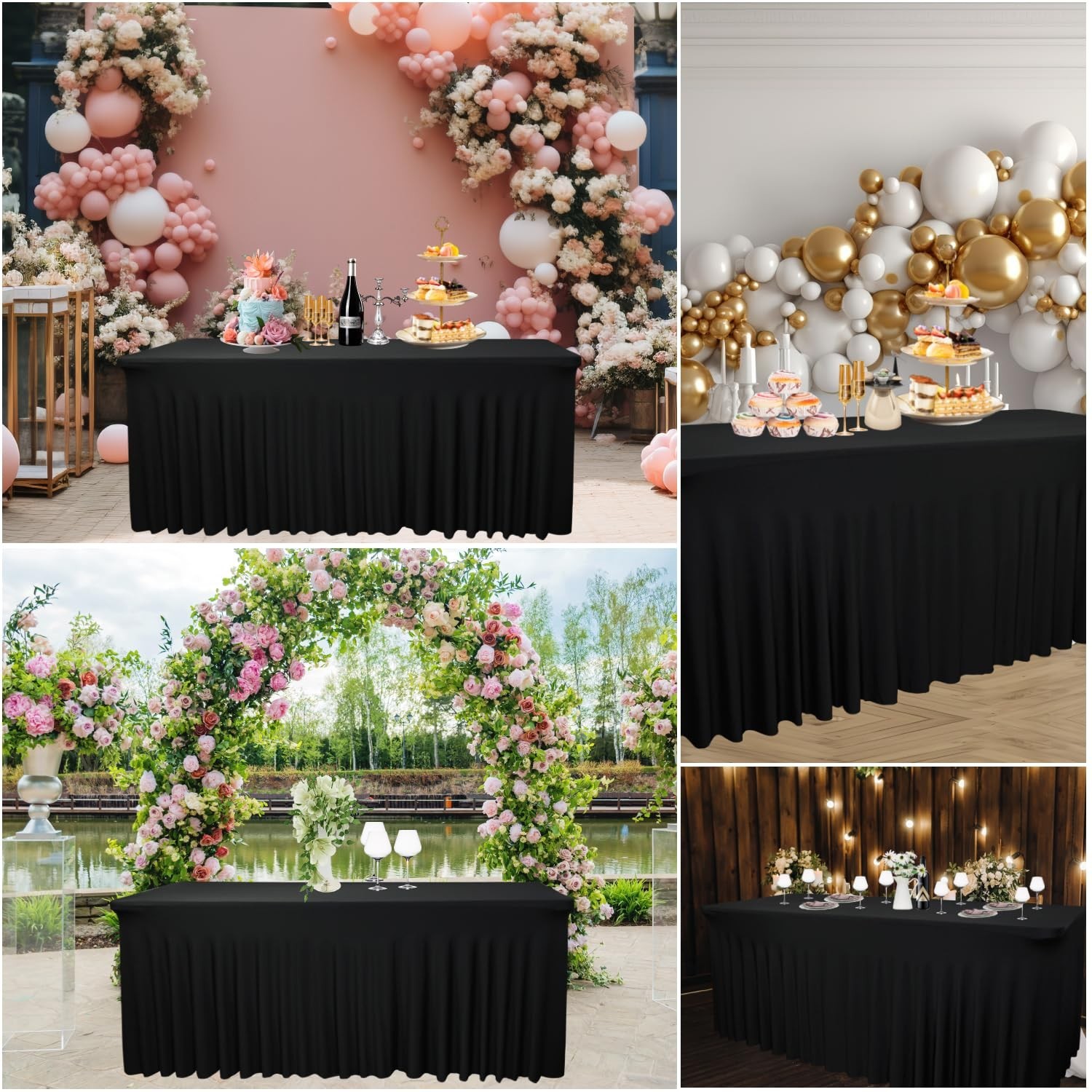 4-Pack Black Table Skirts for 4-Foot Rectangle Tables | 48''L x 24'... Fast Ship