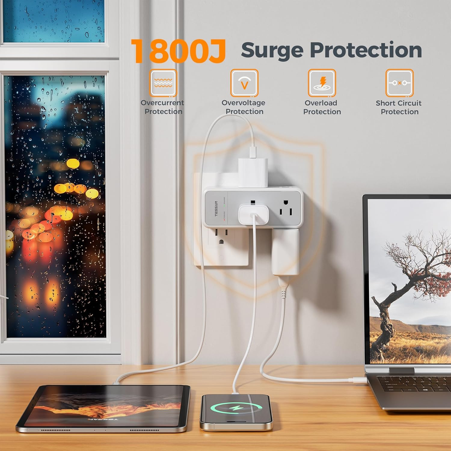 Multi Plug Outlet Extender with 360 Rotating Plug, 1875W Wall Outlet Splitter w