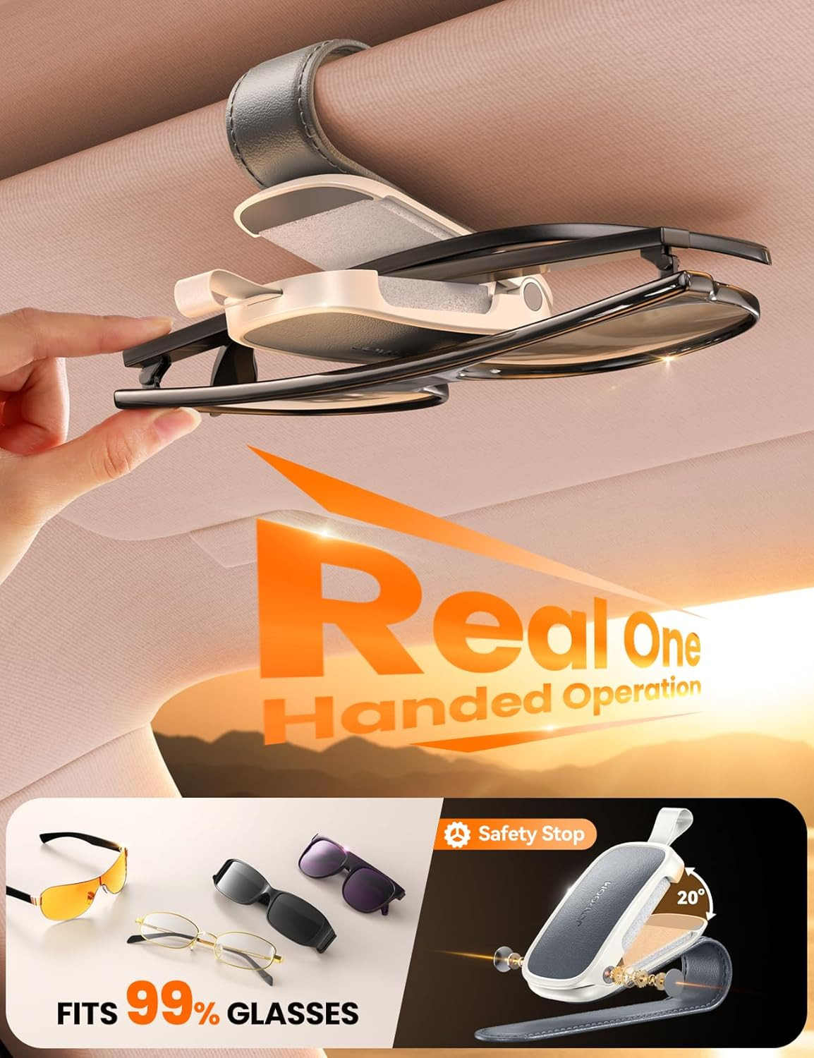 Sunglass Holder for Car Visor Clip [Real One-Handed Operation] [Soft Foam Protec