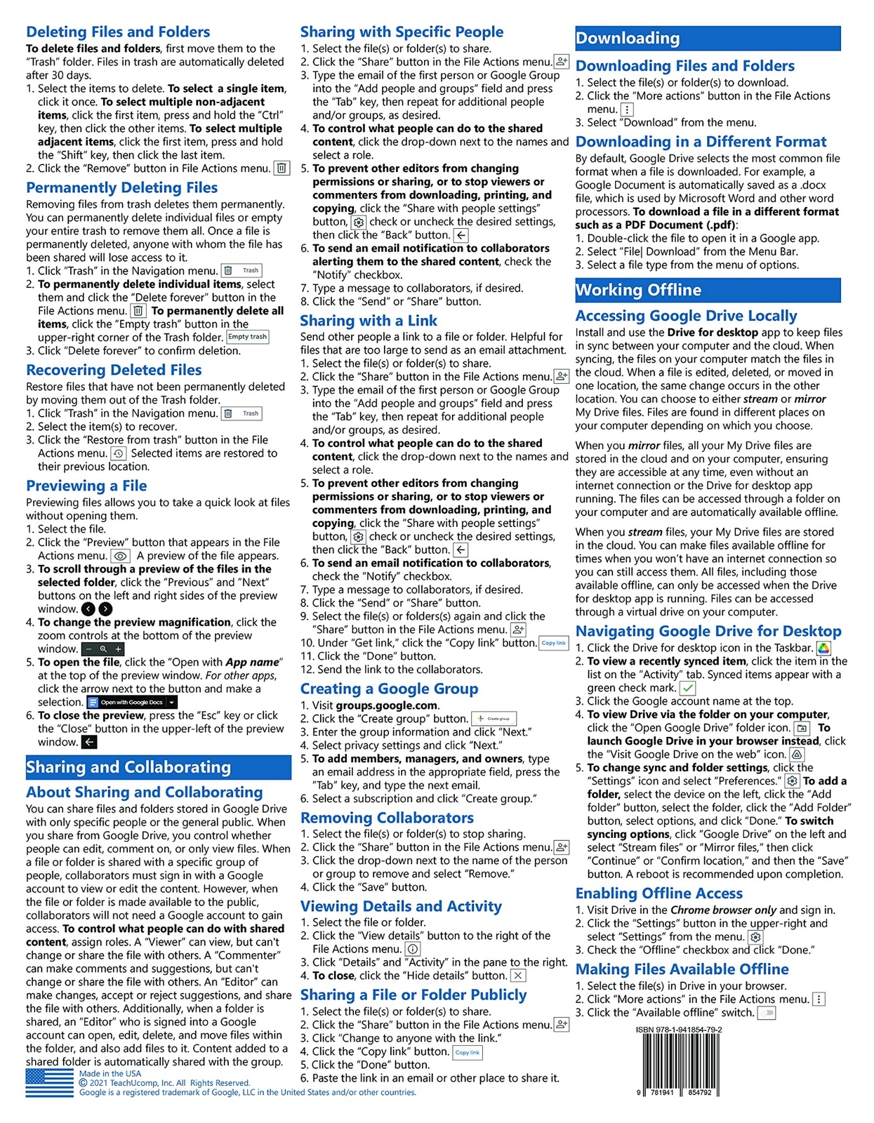 Google Drive Training Guide Quick Reference Card 2 Page Cheat Sheet Instructions
