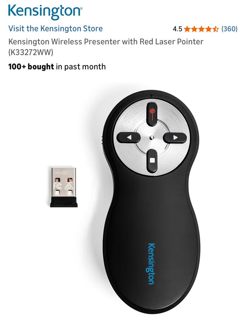 Kensington Wireless Presenter With Red Laser - Nano Receiver Windows/Mac FREE ✈️