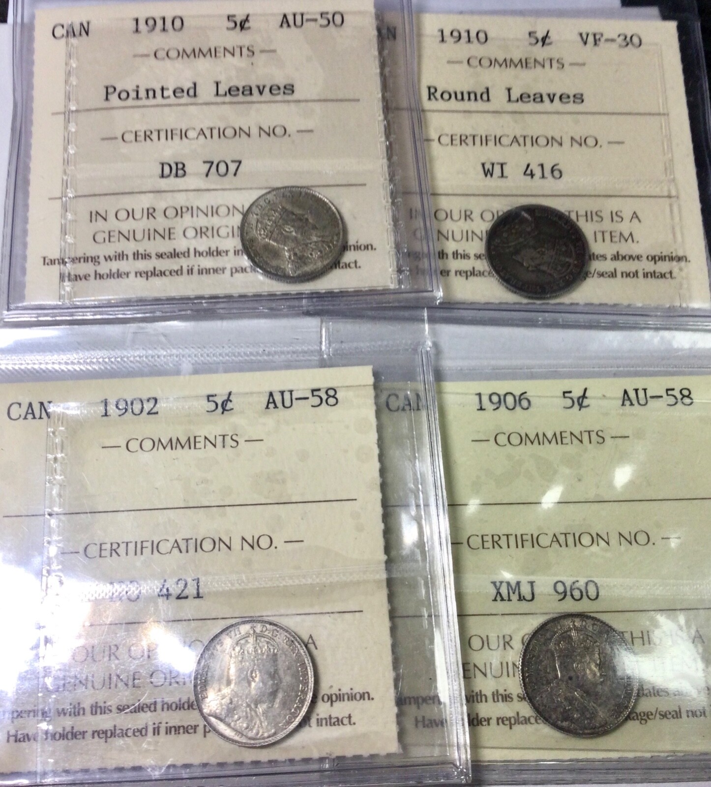 1902 06 1910 Ptd Lvs & 1910 RL ICCS grade Lot of 4 ICCS Edward VII 5 Cent Silver