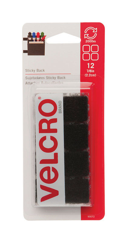 Velcro Hook & Loop Fastener 7/8" x 7/8" Black 12pk Square Sticky Back 90072