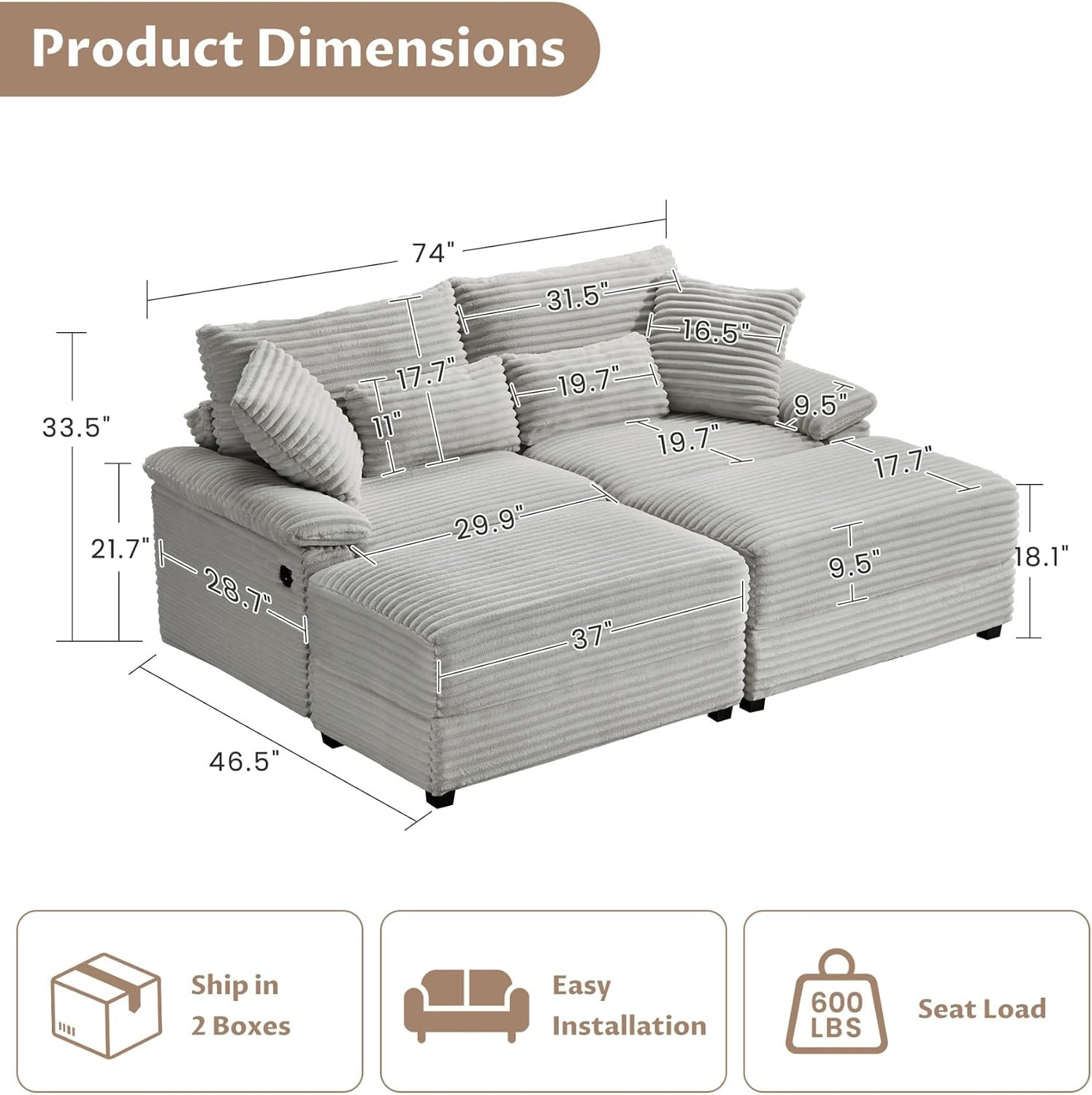 Double Lounge Chaise Indoor with Reversible Storage Ottoman/Table, USB Port & Pi
