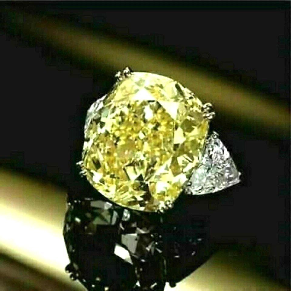 4 Ct Cushion Cut Lab-Created Canary Yellow & Diamond Ring 14k White Gold Plated