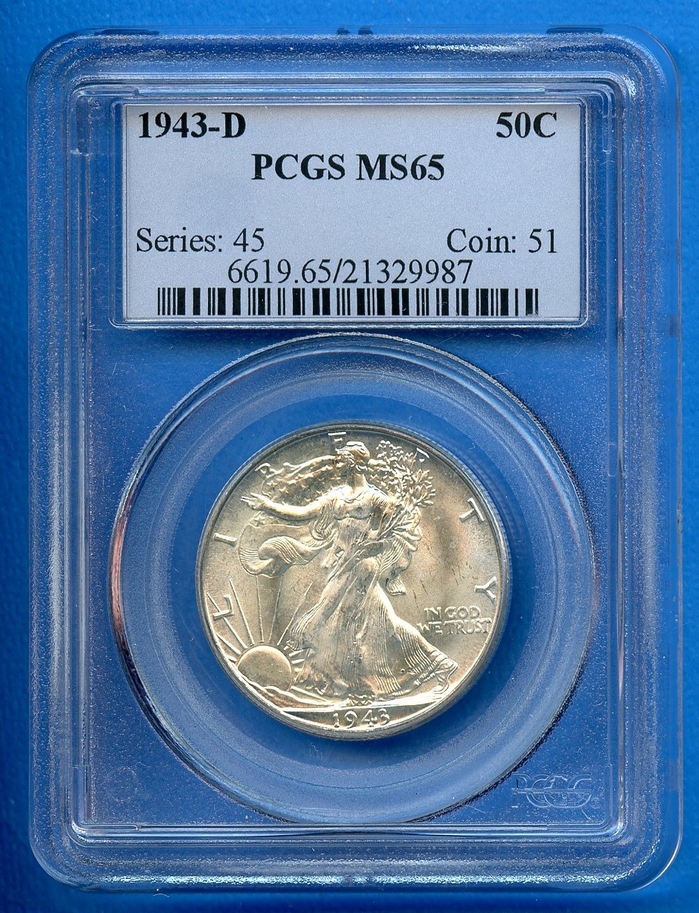 1943 D PCGS MS65 Walking Liberty Silver Half Dollar 50c US MS-65 Blast White OBH