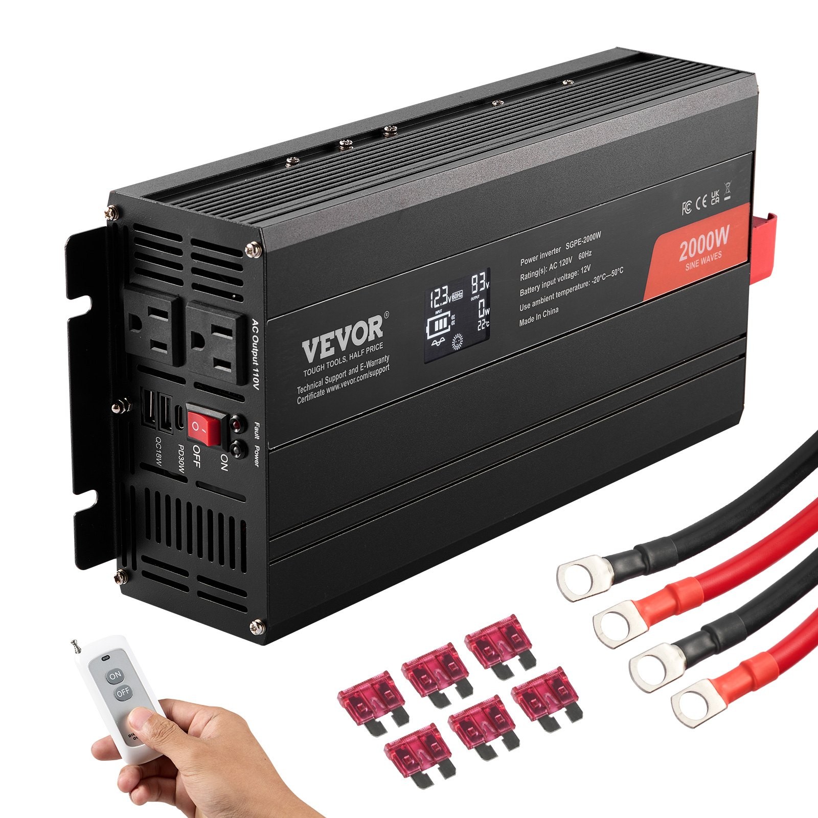 [New]Pure Sine Wave Inverter,2000 Watt,DC 12V to AC 110V Power Inverter w/2 AC O