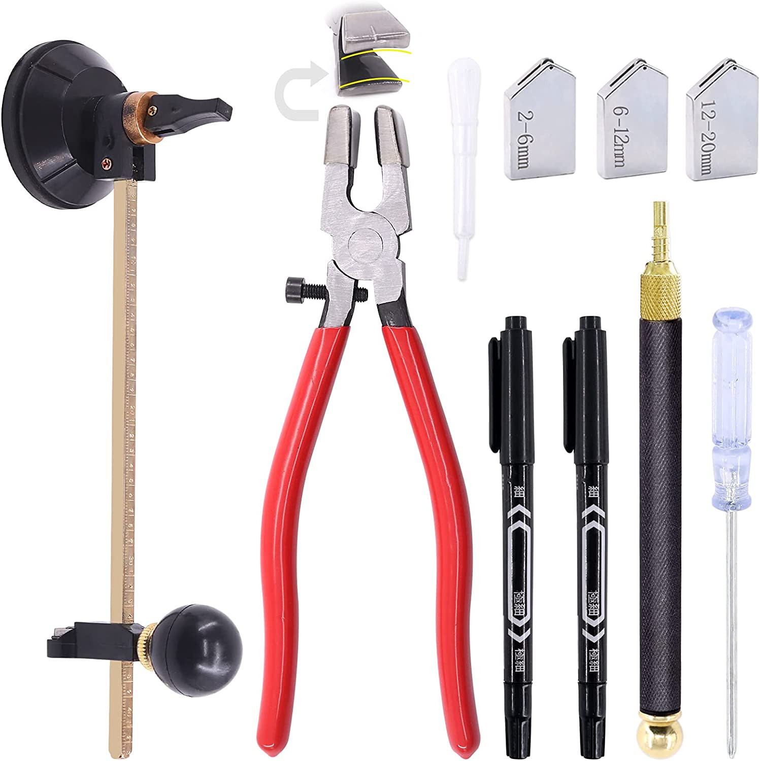 9 Pcs Glass Cutting Tool Set Kit Includes Adjustable Circular Glass Cutter, Glas