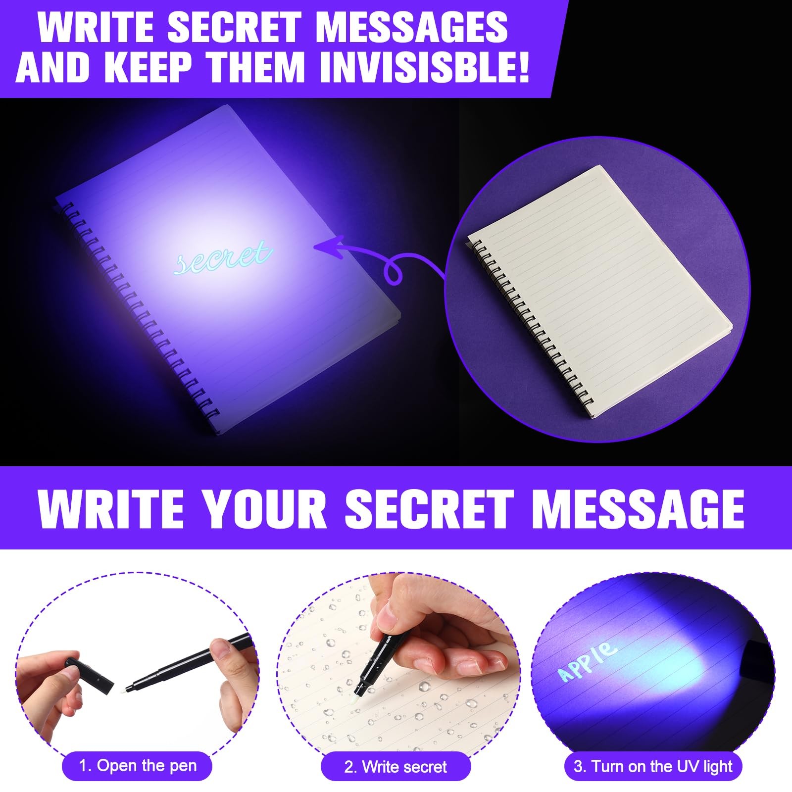 Tegeme 8 Pcs Black Light Markers Set 4 Invisible Ink Pen 4 Mini UV Flashlight...