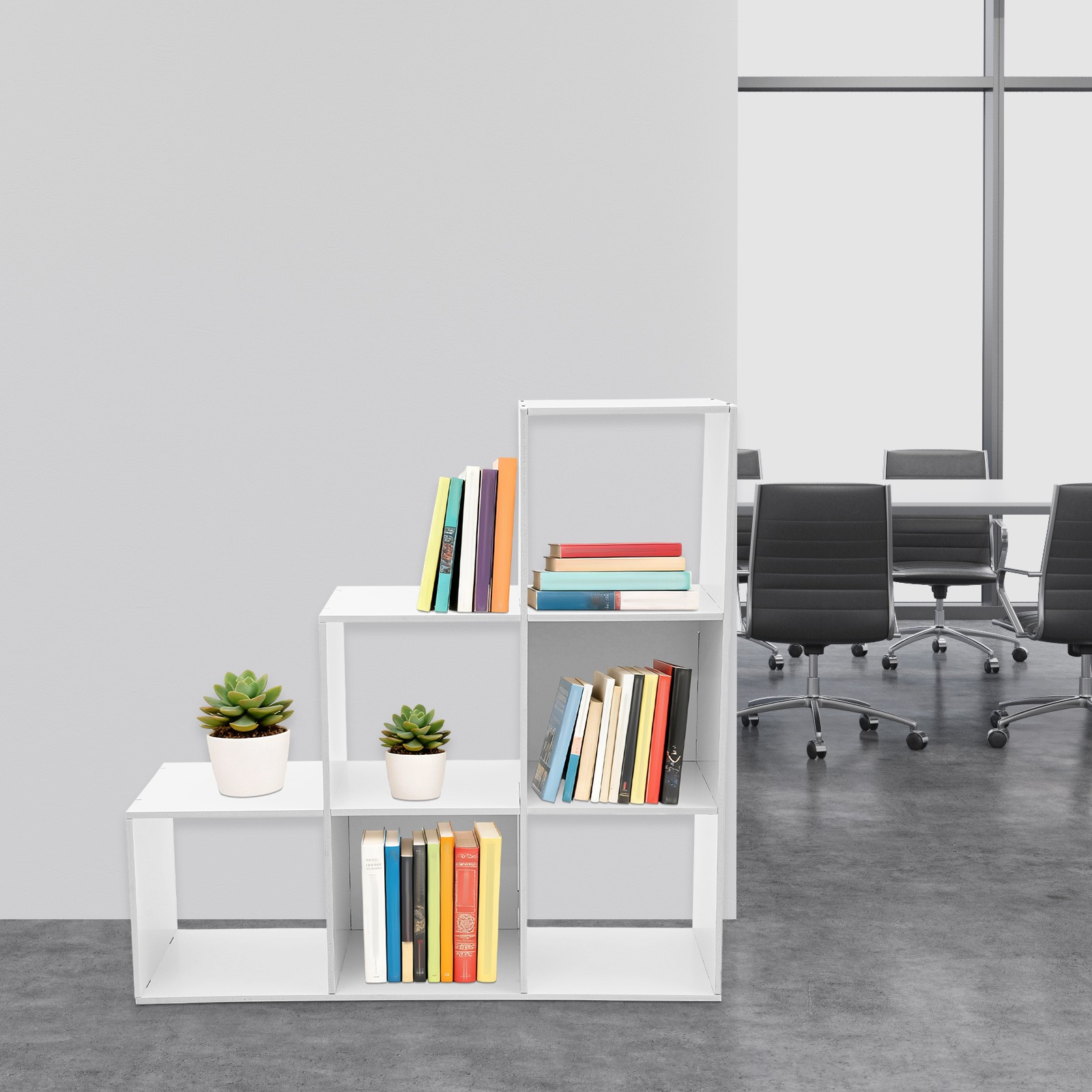 L-Shaped Storage Bookcase 6-cube Stepped Corner Shelf Book Rack for Home/Office