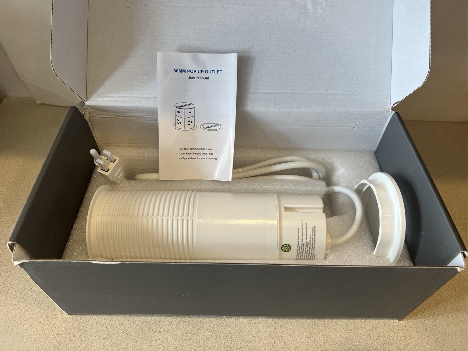 Pop Up Outlet for Countertop 15W Wireless Charger 4 Outlets 1 PD20W USB-C White