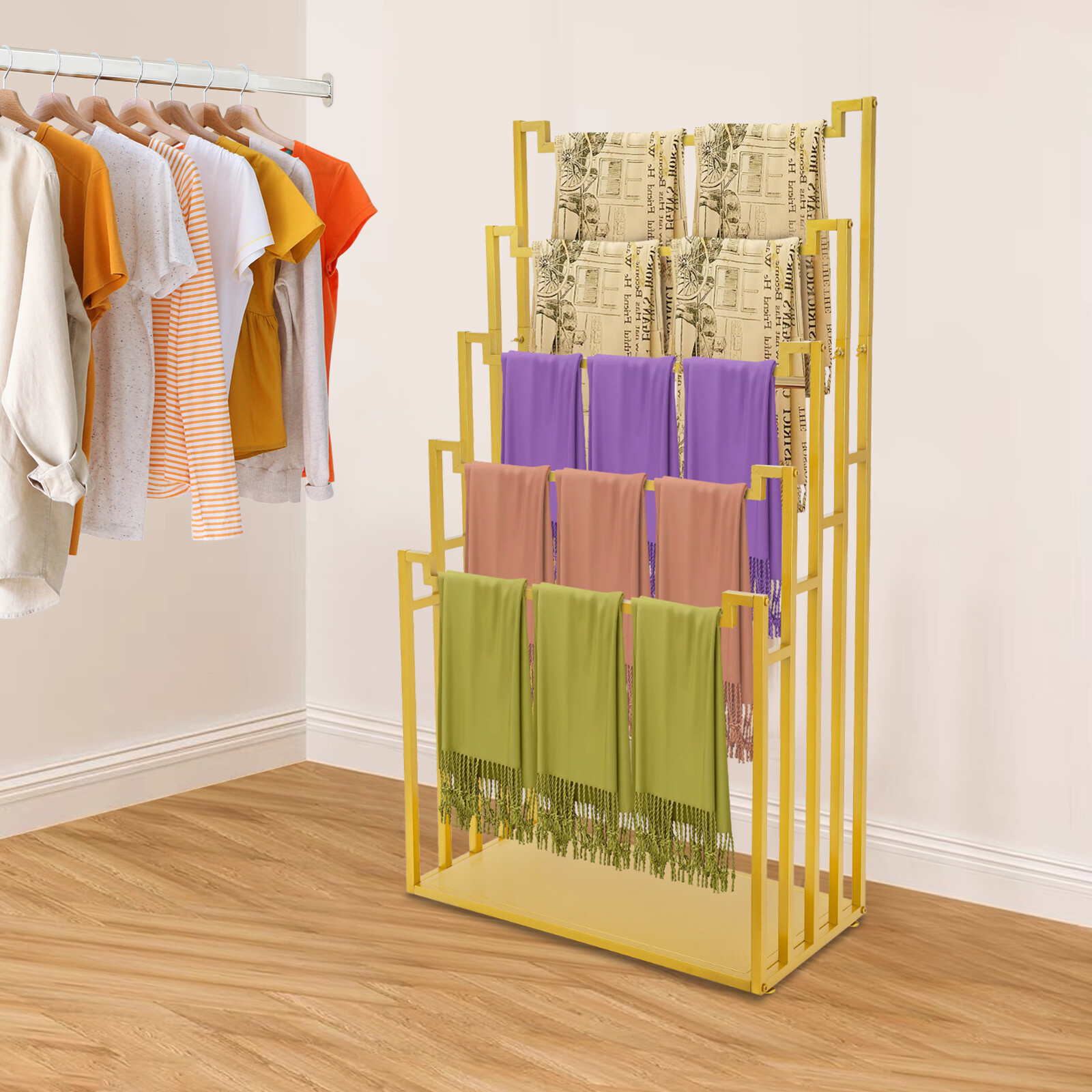 Freestanding Scarf Display Stand, 5-tier Metal Scarf Holder Organizer Indoor