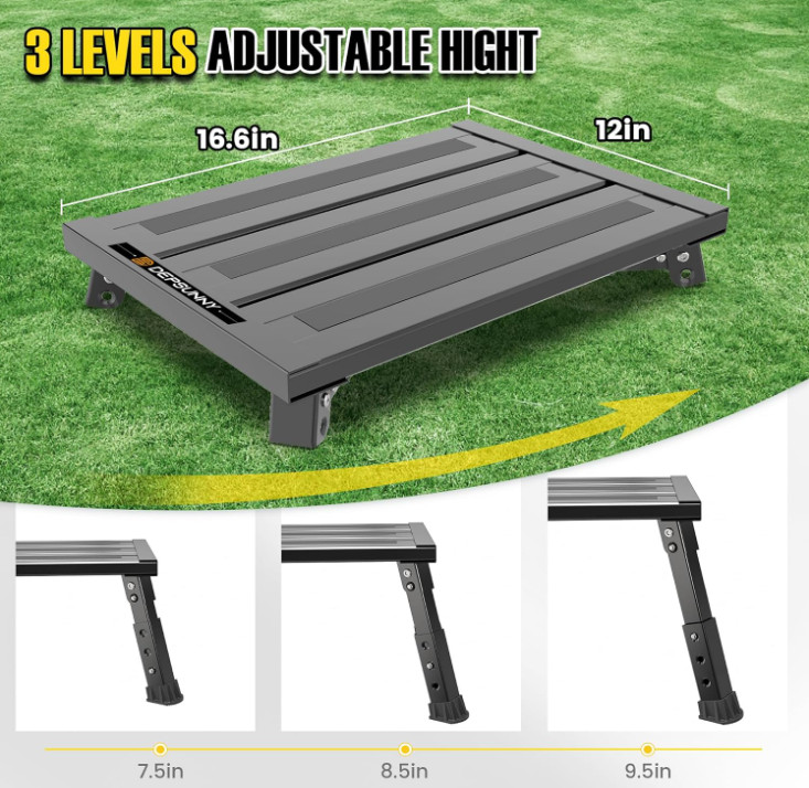 Adjustable RV Step Stool, 3-Step Height Adjustment, Foldable Legs, Wide Anti-Sli