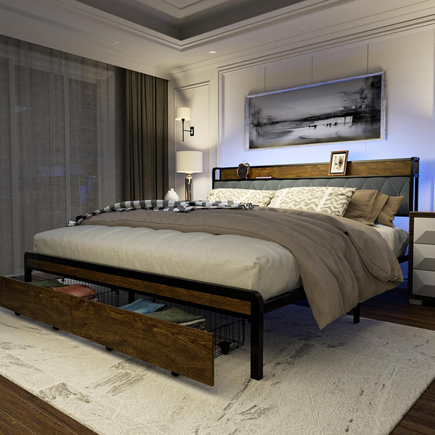 King Size Metal Bed Frame with Storage Drawers, LED Light & Charging Station