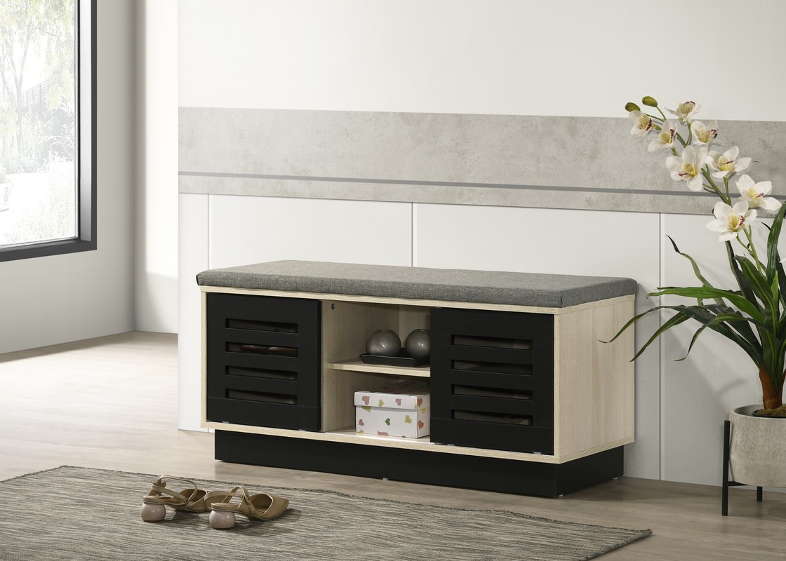 38.5"W Oak Finish Shoe Cabinet with Sliding Doors, Upholstered Top