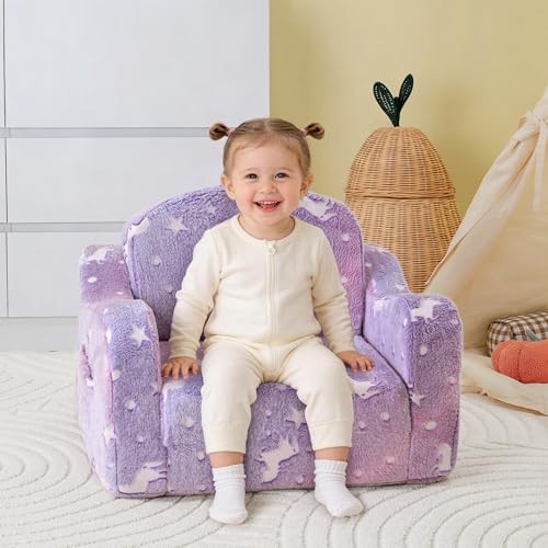 Thick Comfy Toddler Chair and Couch for Kids,2-in-1 Soft Flannel Purple Pony