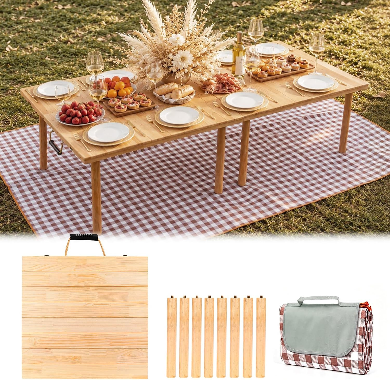 60"X30" Wooden Folding Picnic Table, Portable Low Floor Table with Beach Outdoor