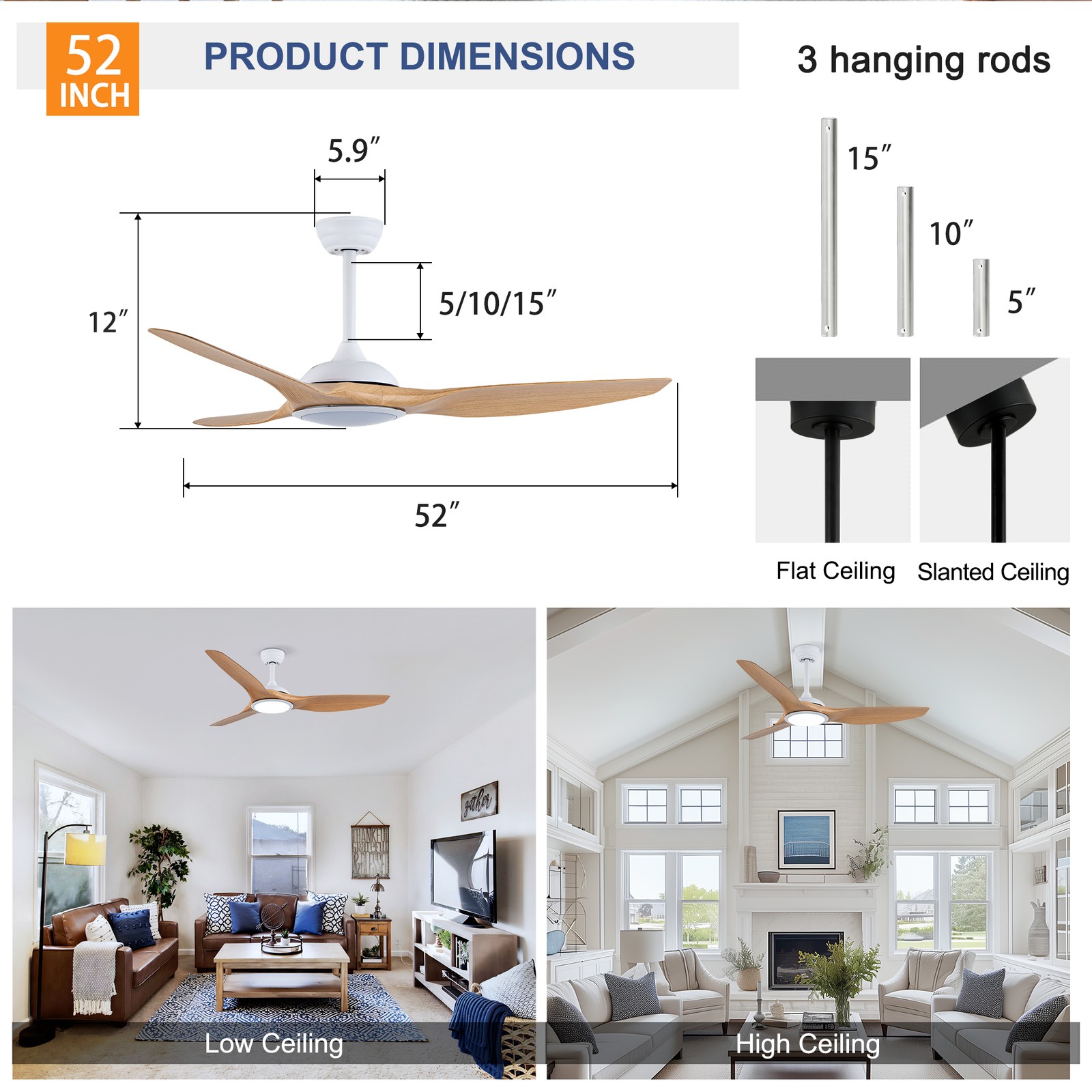 52 Inch ABS Blades Ceiling Fan With Light Kit ( LED Light Source),DC 6 Speed