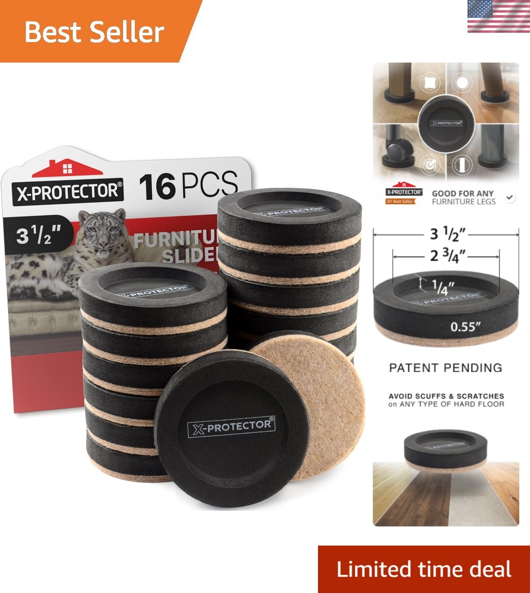 Felt Furniture Sliders for Hardwood Floors 16 PCS 3 ½” - Furniture Slider wit...