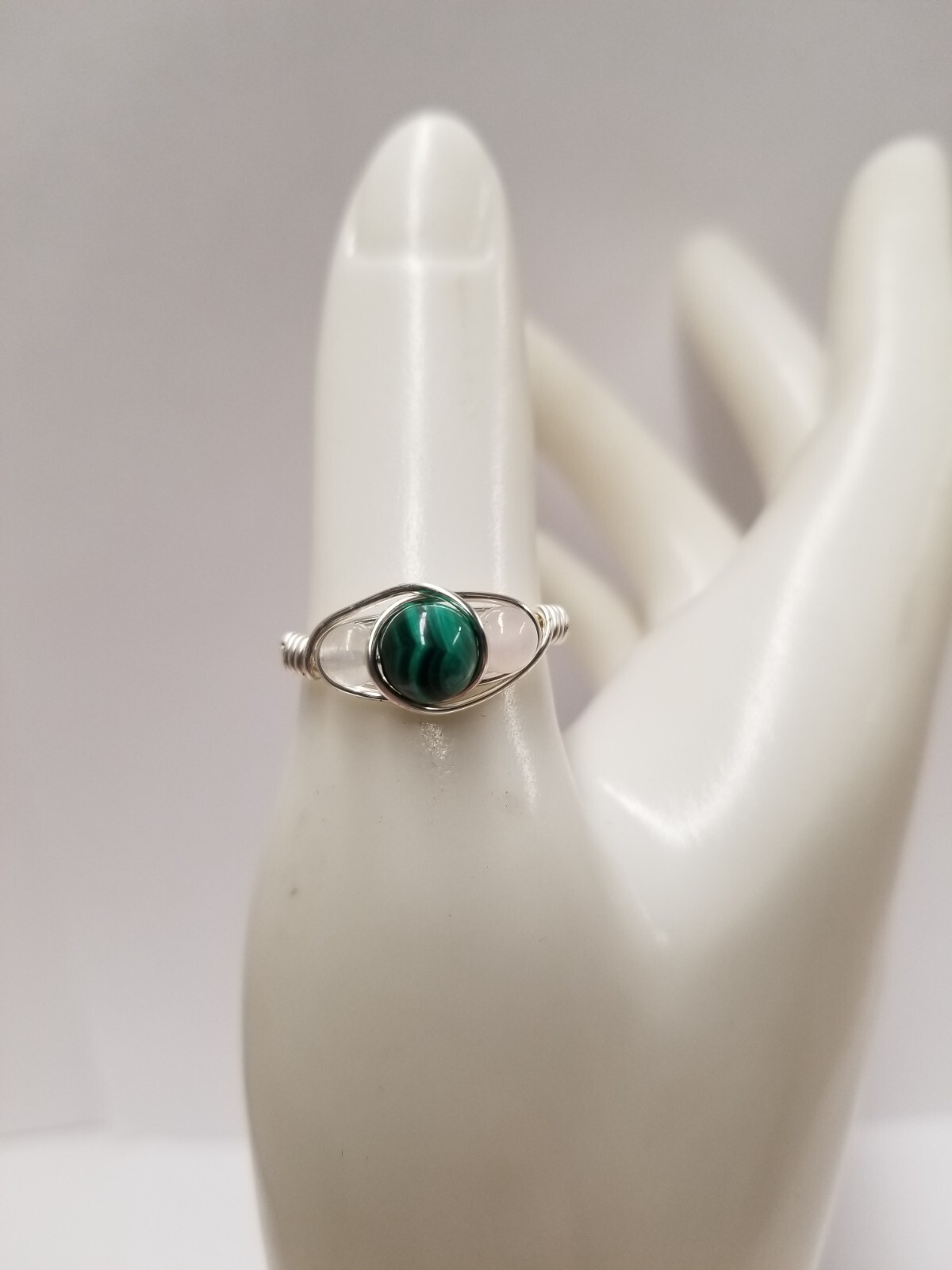"Earthly Magic" Malachite & White Quartz Silver Tone Wire Wrapped Ring Size 8