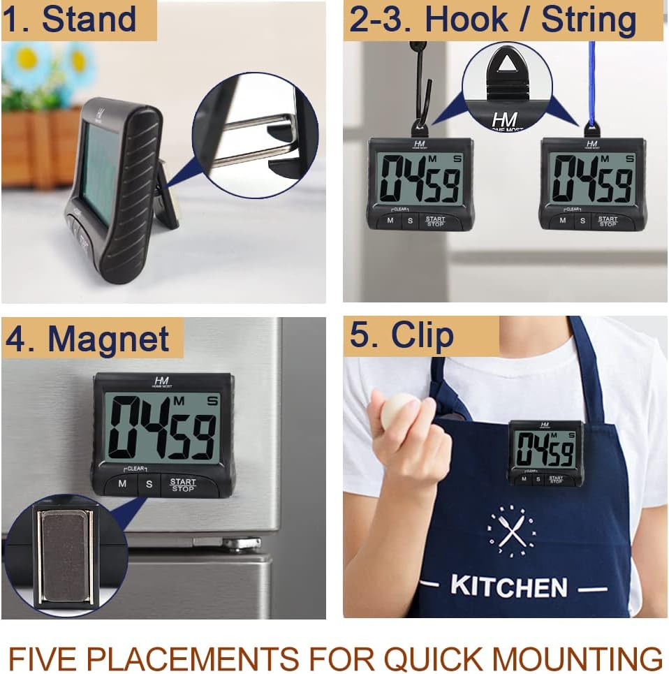 2-Pack Large Display Kitchen Timer - 3" Digital Timer Magnetic Back Loud Alarm