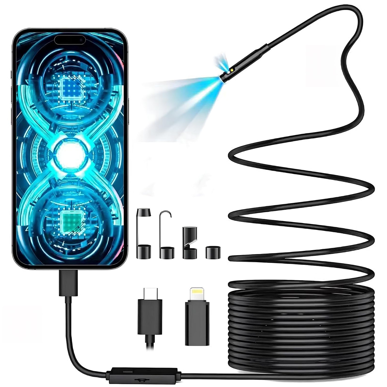 Borescope1920P HD Endoscopic Camera - with 8 Adjustable LEDs, 16.4ft Semi-Rig...