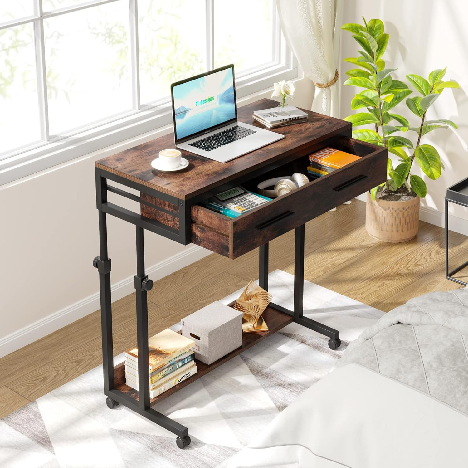 Portable Desk with Drawers, Mobile Laptop Desk with Wheels, Sofa Side Table Smal