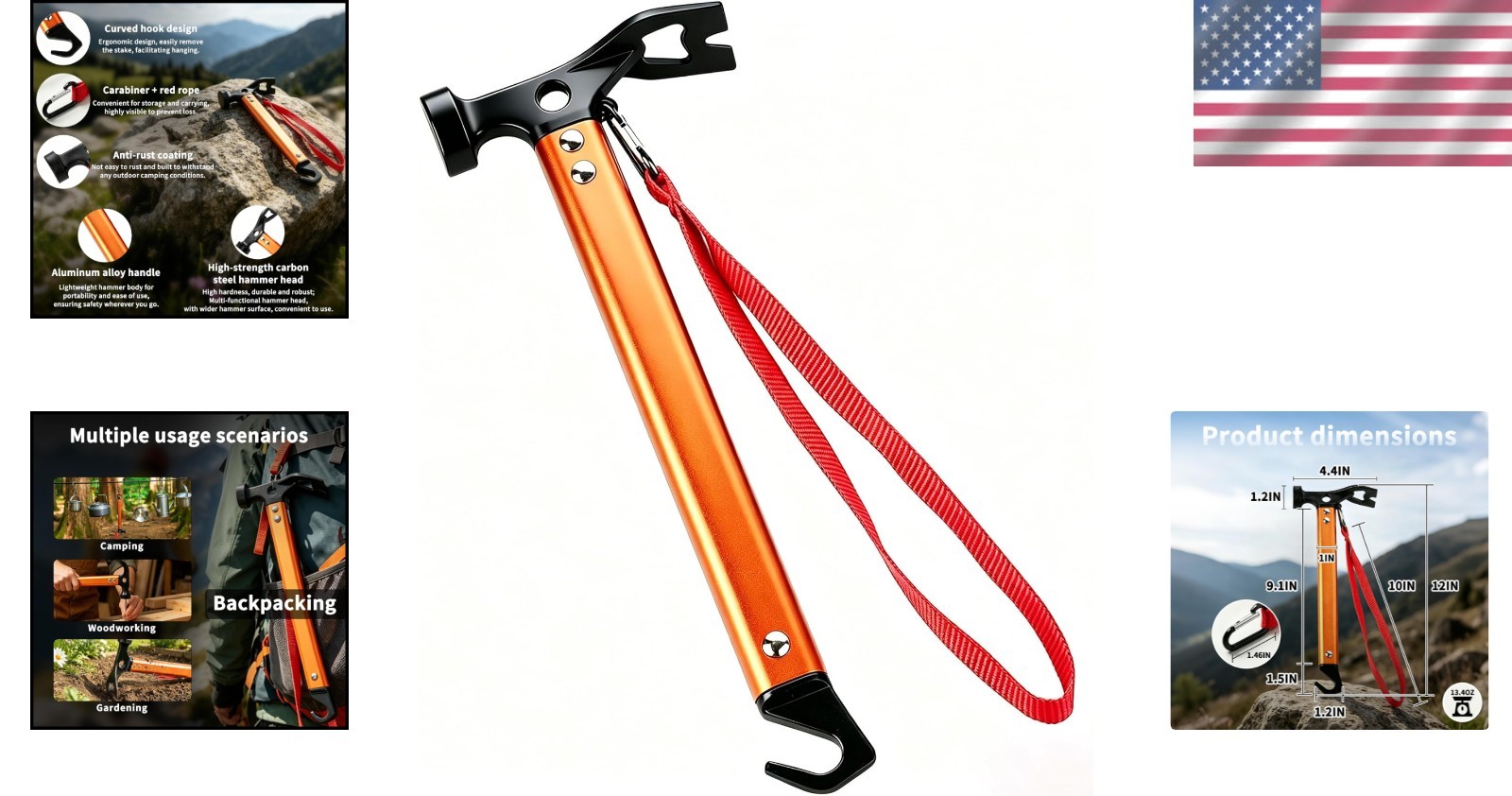 Bright Orange 12" Camping Hammer - Lightweight, 3-in-1 Functionality for Hikers