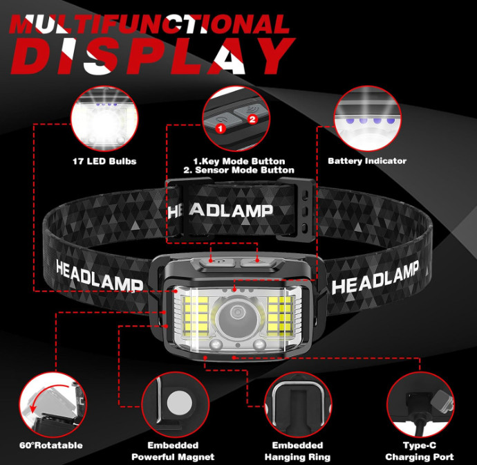 Linterna frontal LED recargable 2000 lúmenes sensor 16 modos IPX6
