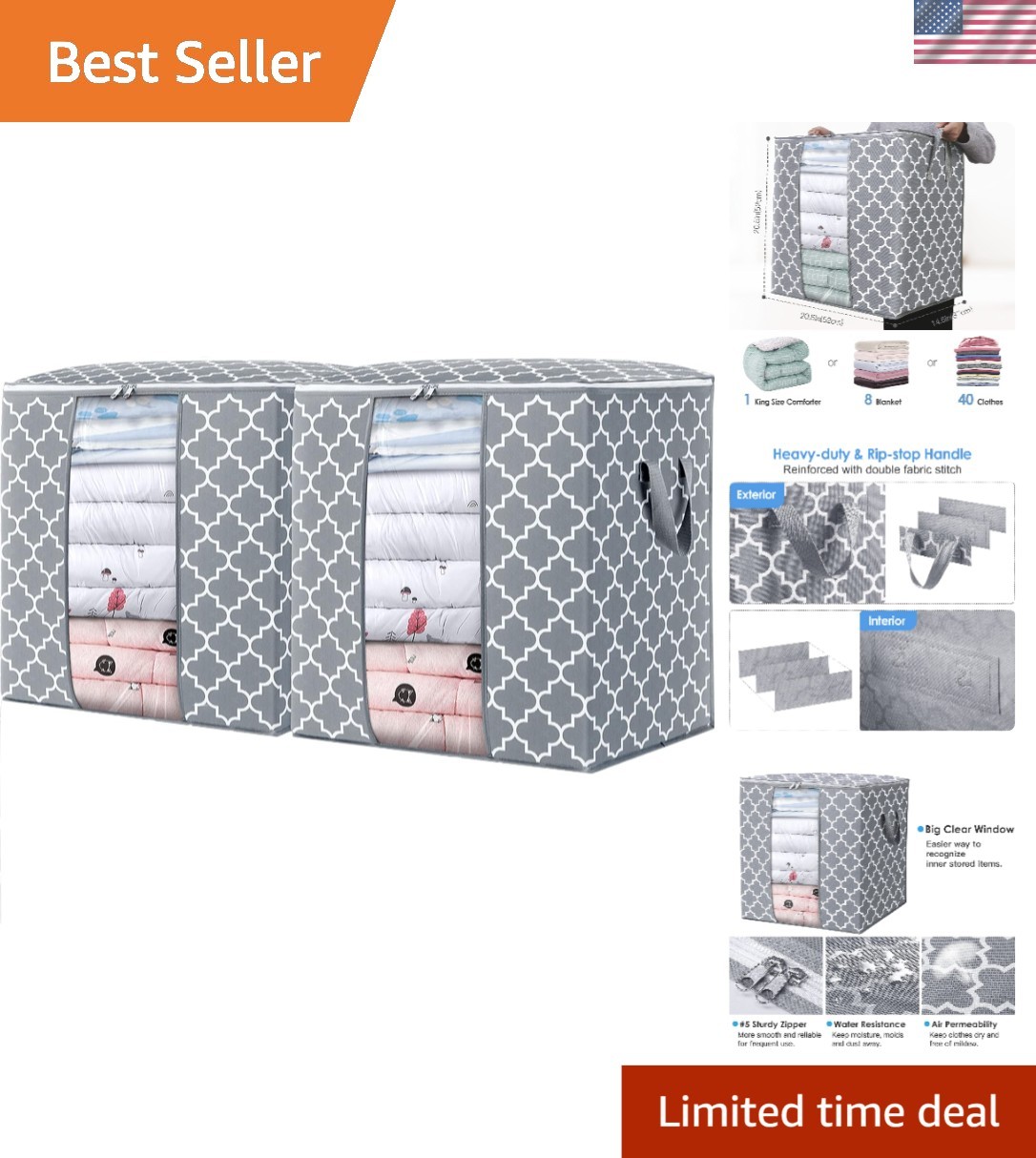 100L Storage Bags 2 Pack - Foldable Clothes Organizer with See-Through Window