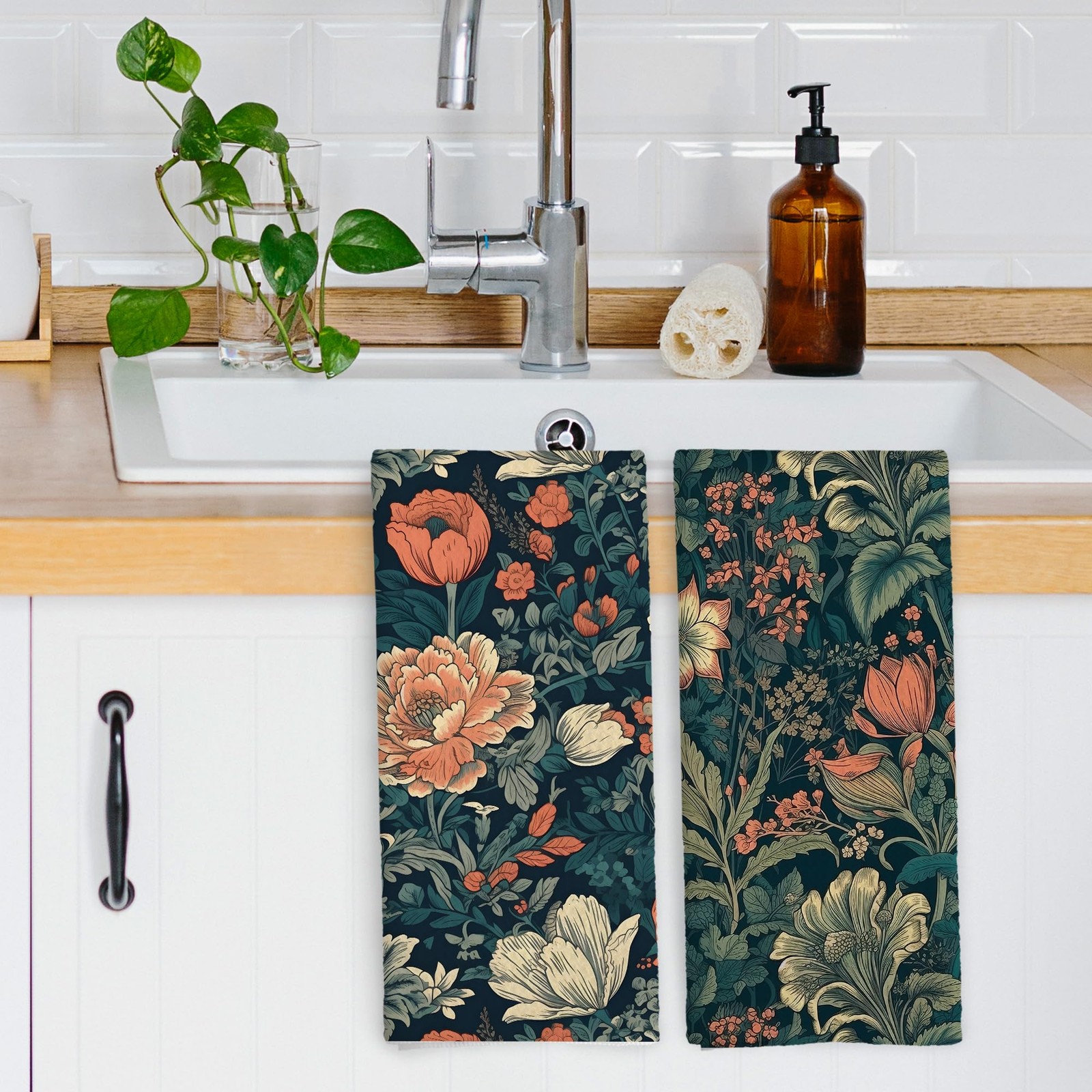 Vintage Cottagecore Floral Kitchen Dish Towels, Retro Rustic Midcentury Moder...