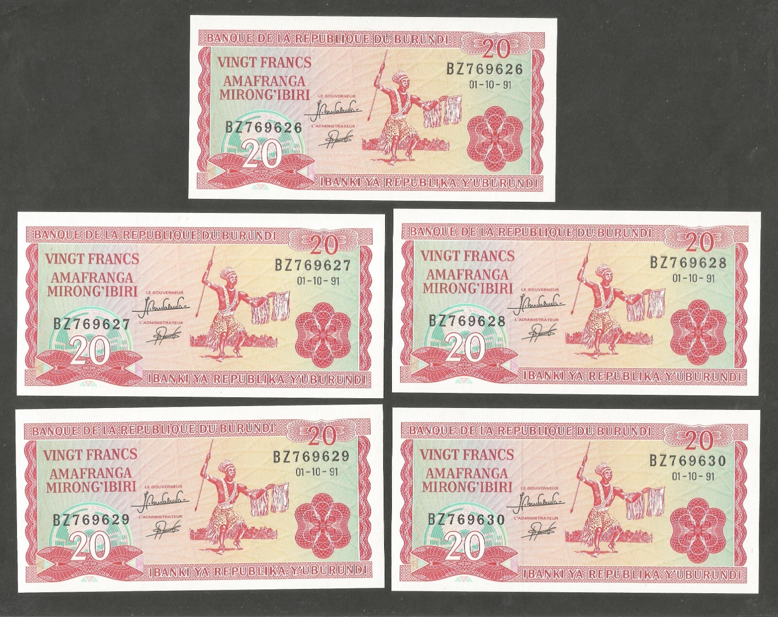 Burundi 20 Francs 1991; UNC; P-27c; Dancing man with spear; Lot of 5 consecutive
