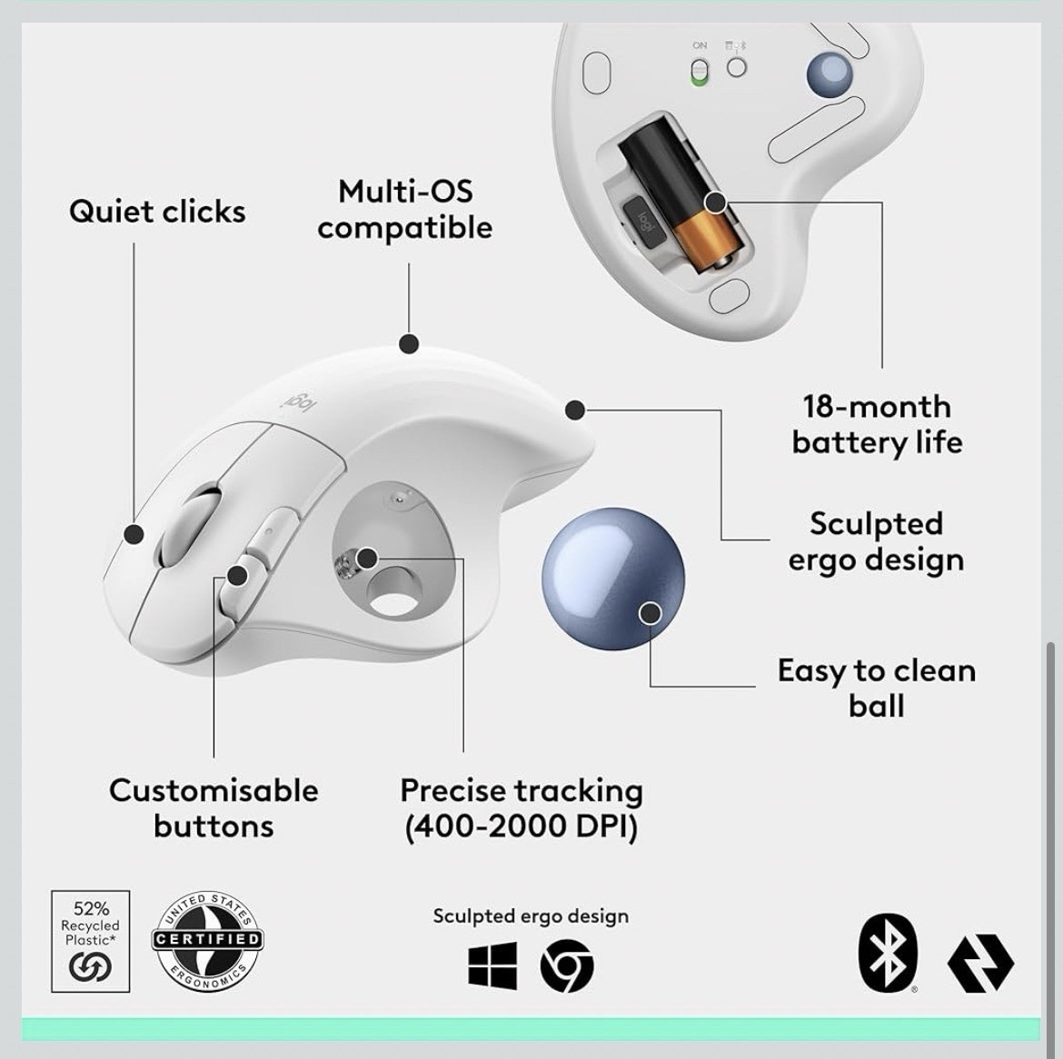 Logitech - ERGO M575 S Wireless Ergonomic Trackball Mouse - Wireless - White