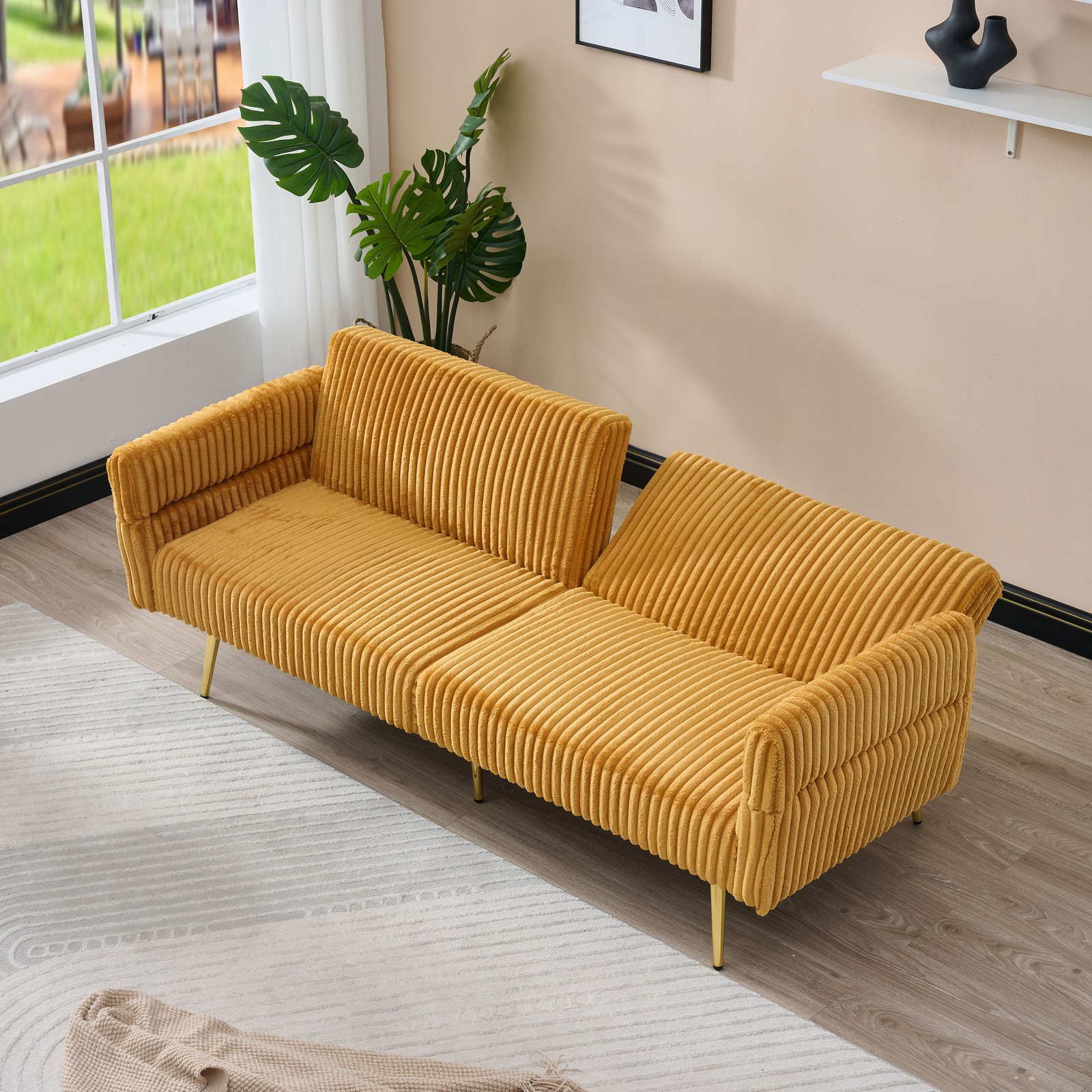 79 inch corduroy sofa bed, foldable double sofa bed with folding armrests, sui