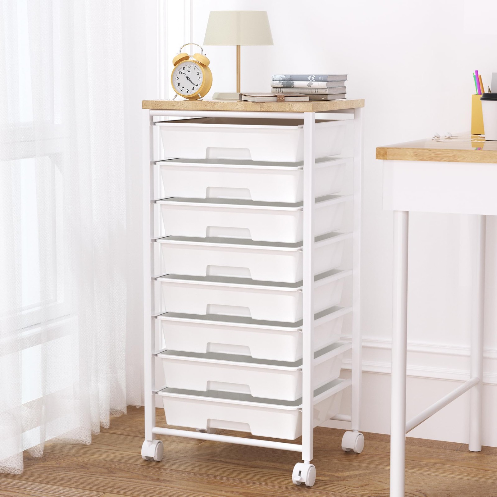 Rolling Cart with 8 Drawers, Storage Drawers Cart with Wooden Tabletop and Lo...