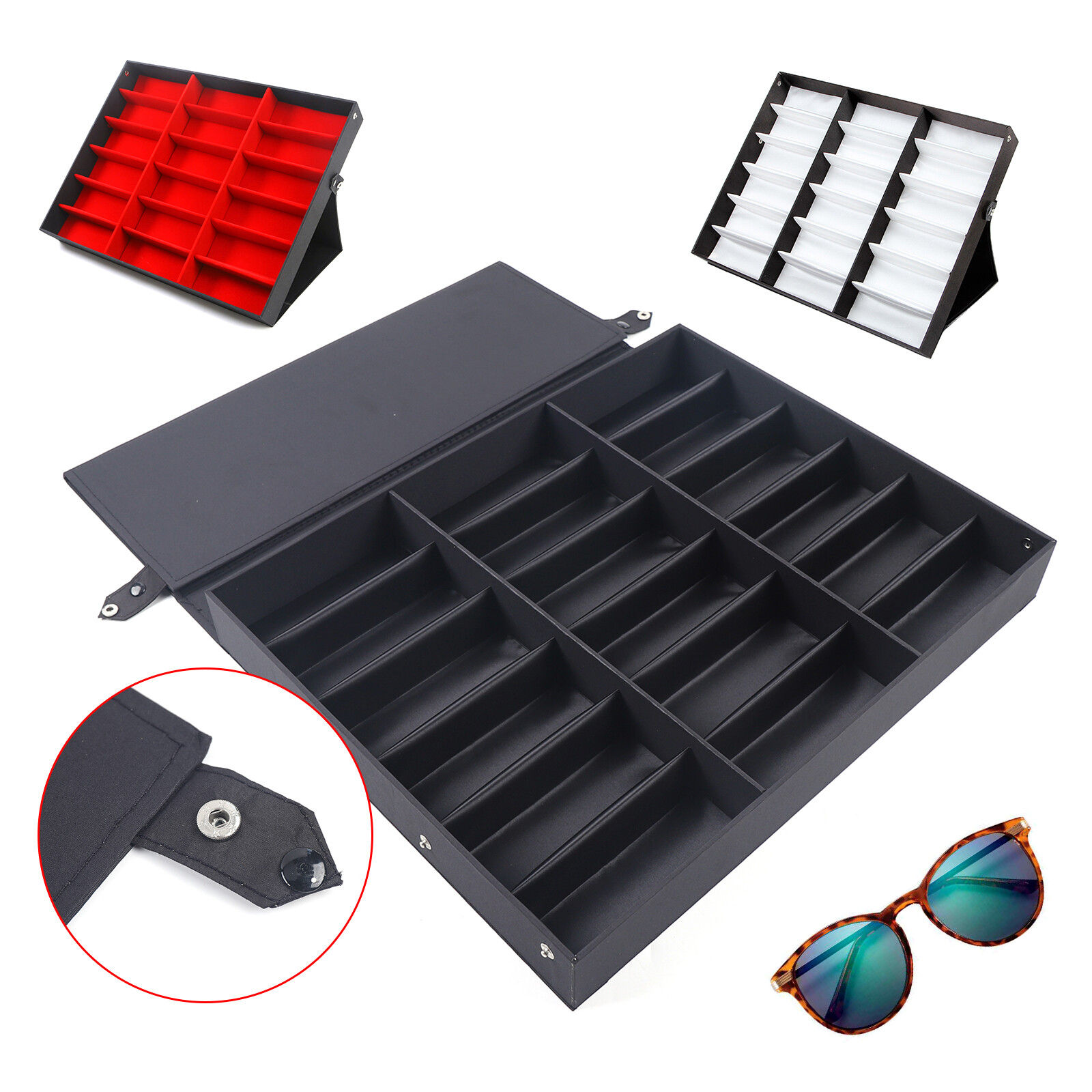 18.7*14.7*2.2in 18 Slot MDF& Silk Black& Red Sunglasses Display Case Organizer